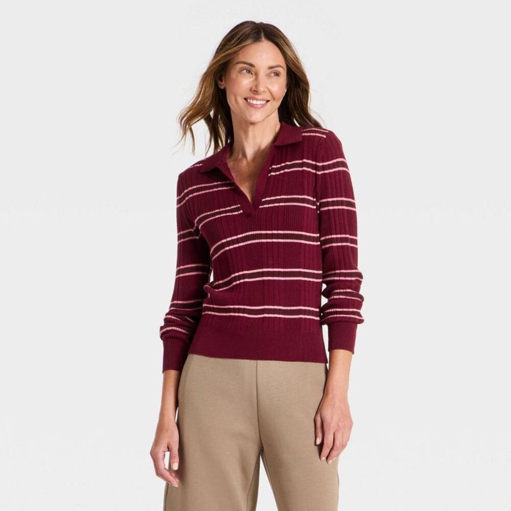 Women's Johnny Collar Pullover Polo Sweater - A New Day Maroon XS